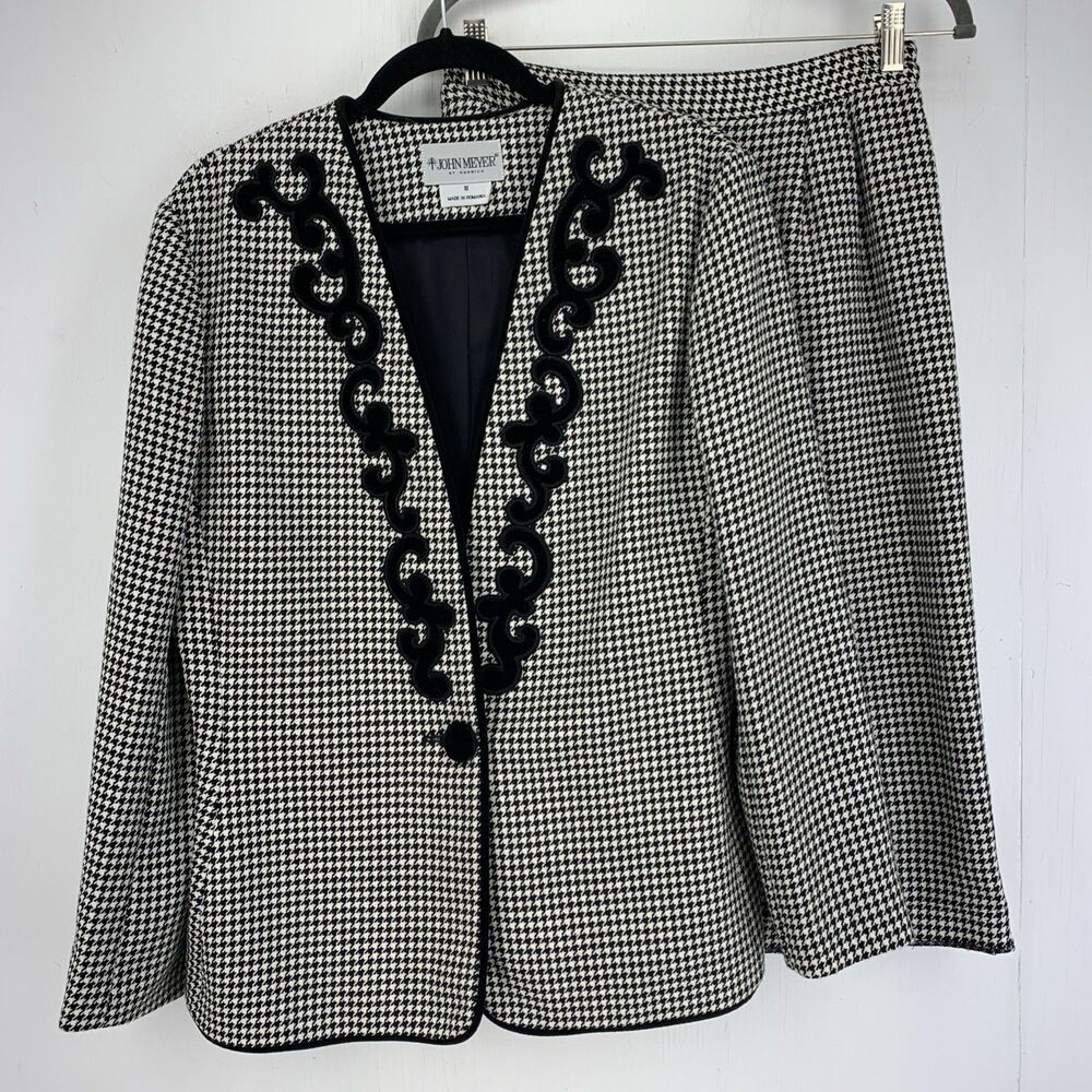 Vintage John Meyer Womens 12 Skirt Suit Houndstooth Old Money Luxury Velvet Trim
